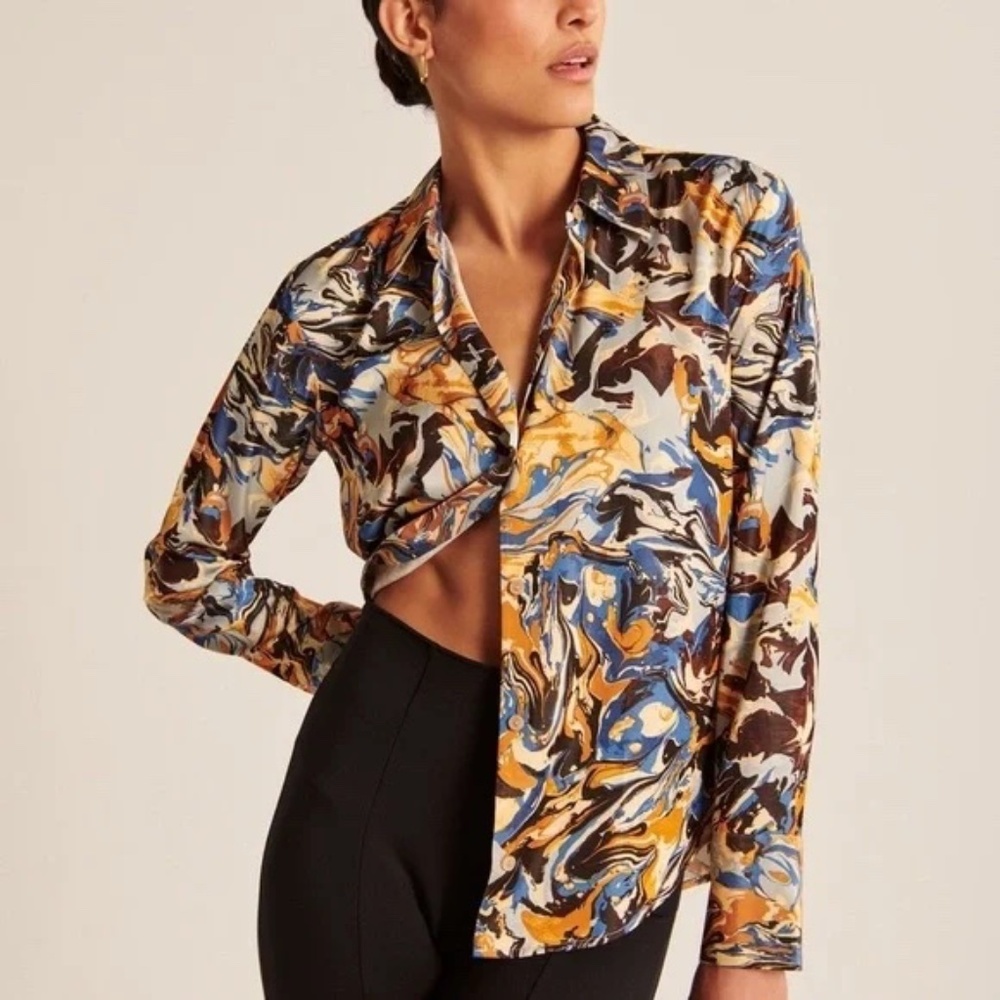 Abercrombie Long-Sleeve Satin Button-Up Shirt - Blue 70s Swirl